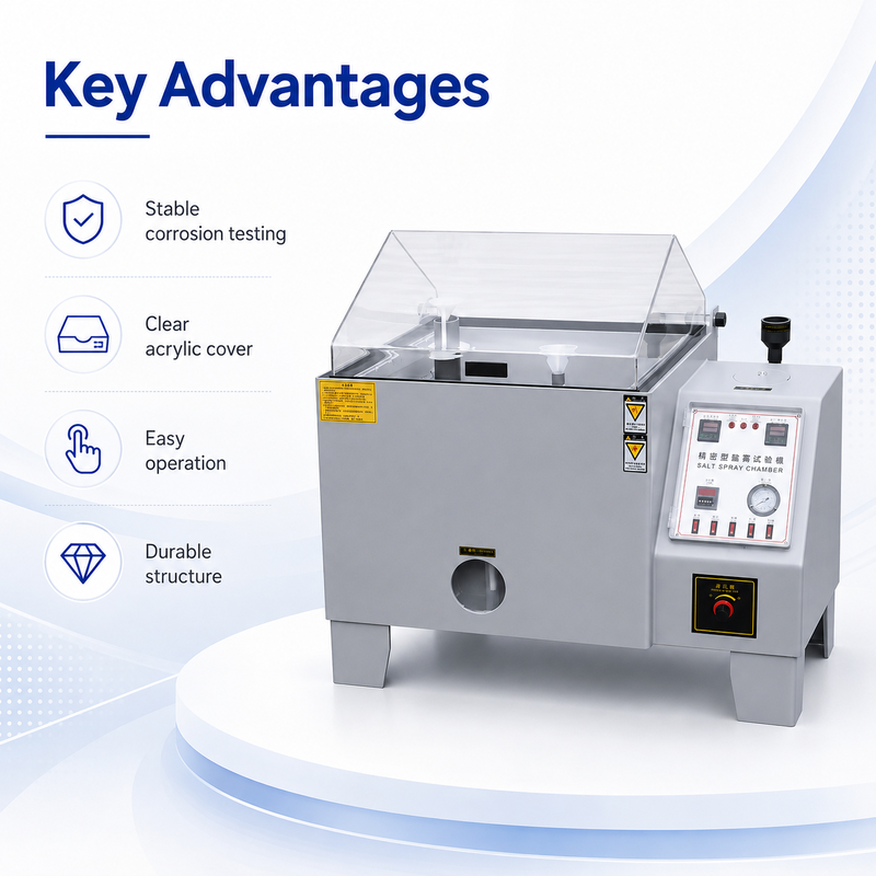 ASTM B117 ISO9227 ห้องทดสอบสเปรย์เกลือที่มีการควบคุมอุณหภูมิที่แม่นยําและเวลาทดสอบที่ปรับได้