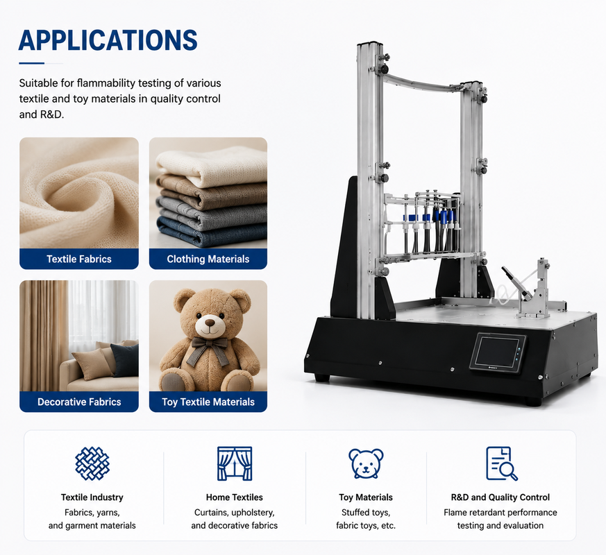 Multi-Purpose Flammability Testing Equipment with Adjustable Flame Level SUS 304 Stainless Steel and PLC Control for Textile and Toy Materials