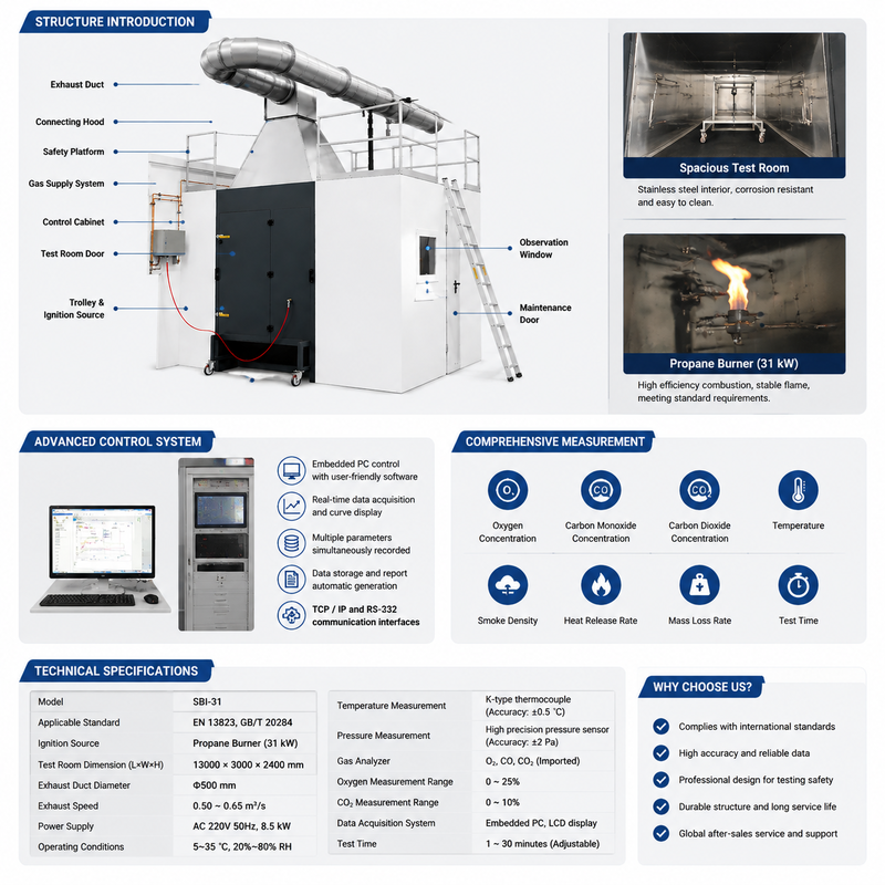 เครื่องทดสอบการเผาไหม้แบบอัตโนมัติ SBI อุปกรณ์ทดสอบการติดไฟของวัสดุก่อสร้าง