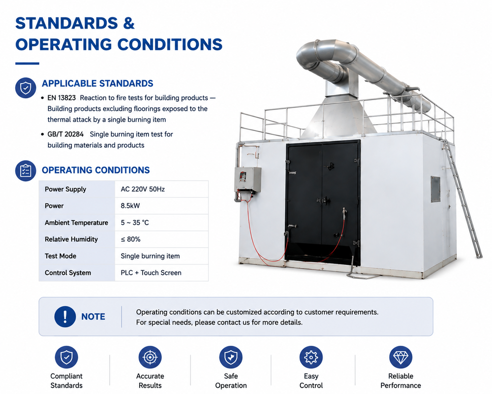 เครื่องทดสอบประสิทธิภาพการทนไฟ EN 13823 Standard SBI สำหรับวัสดุก่อสร้าง พร้อมเวลาทดสอบ 1 ถึง 30 นาที และความแม่นยำ 0.1 วินาที
