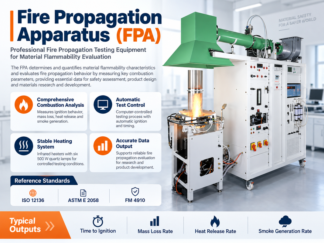 Laboratory Fire Propagation Apparatus FPA for Critical Heat Flux Thermal Response Parameter and Smoke Testing